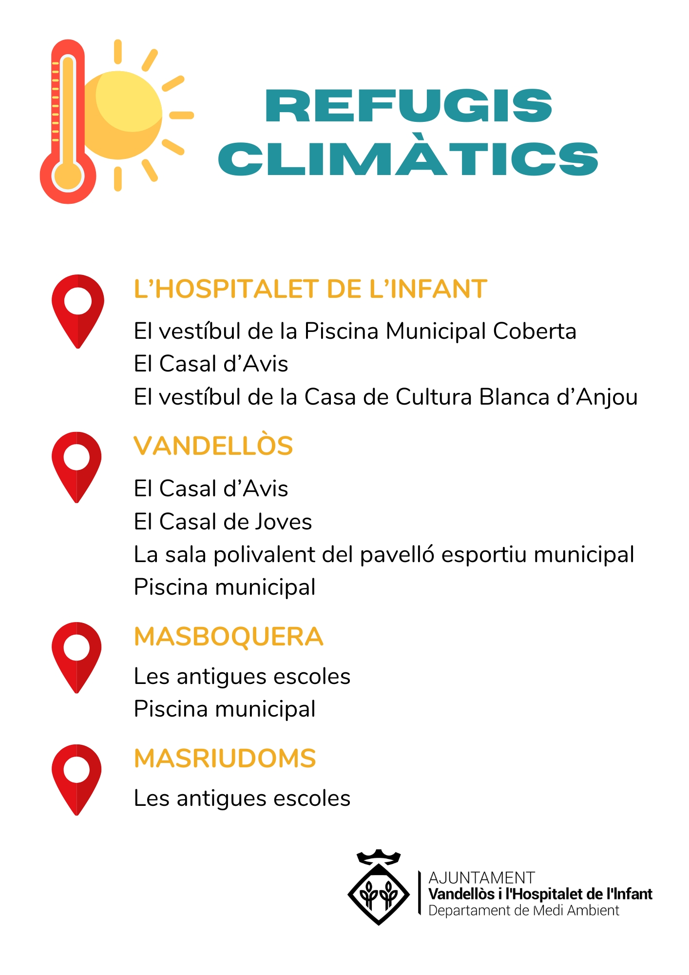 L’Ajuntament de Vandellòs i l’Hospitalet de l’Infant ofereix  una desena d’equipaments municipals com a refugis climàtics