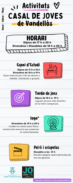 Cartell de les activitats previstes al Casal de Joves de Vandellòs