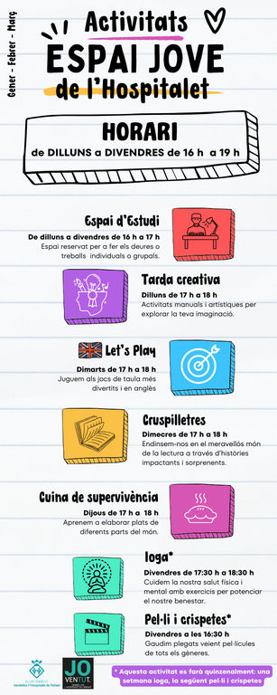 Cartell de les activitats previstes a l'Espai Jove de l'Hospitalet de l'Infant